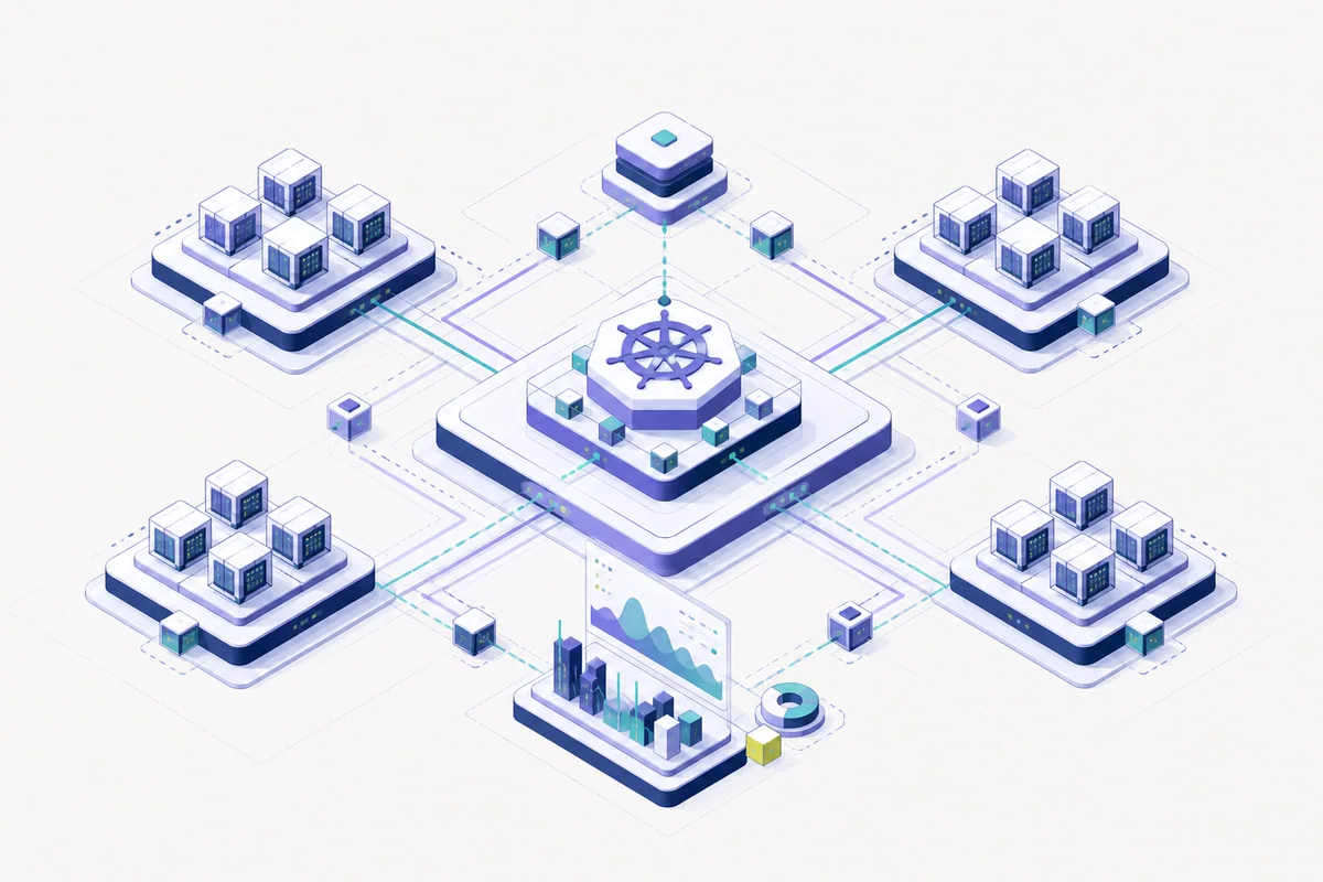 Diagrama editorial de una plataforma Kubernetes con componentes conectados