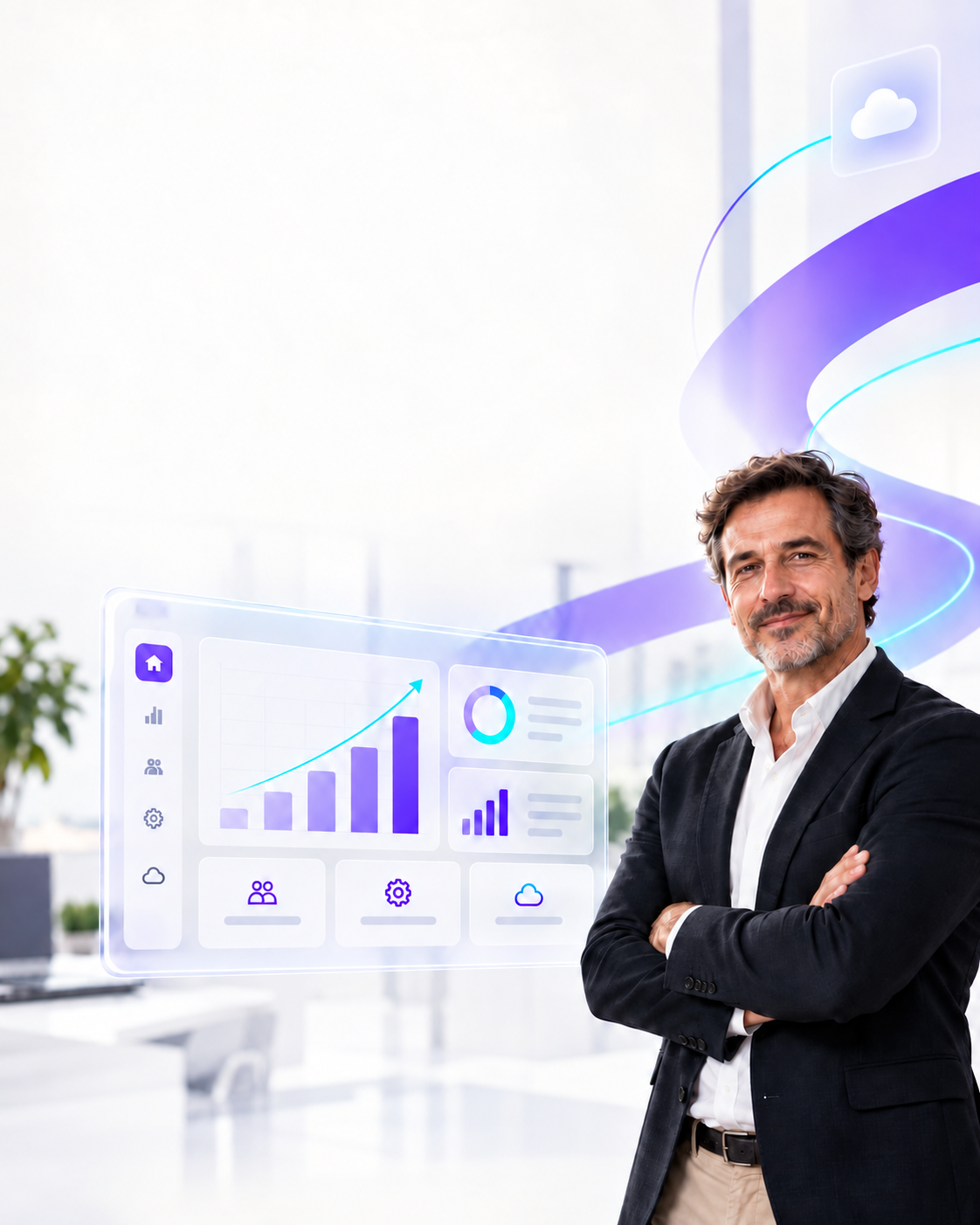 Un profesional junto a un panel digital de crecimiento, en una oficina luminosa.