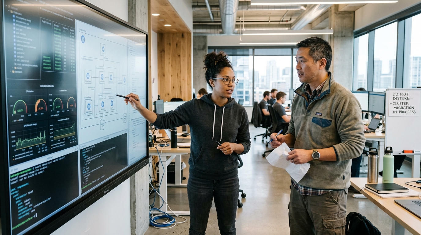 Equipo de ingeniería Cloud y DevOps analizando arquitectura y fiabilidad en producción